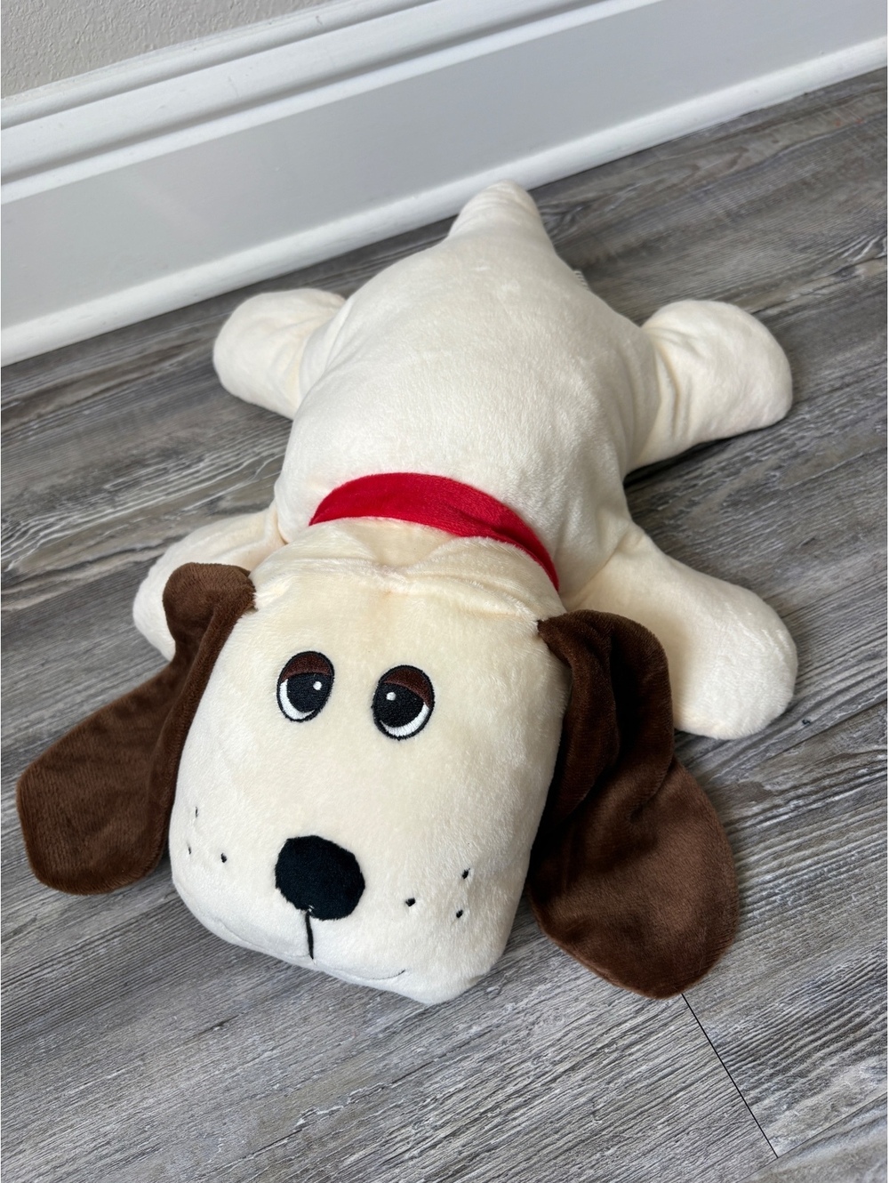 Large Cream Puppy Dog Plush Stuffed Animal Brown Ears Red Collar